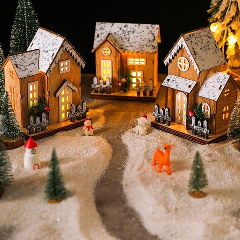 Kigley 3 Pack Christmas Village House Decor Wood Rustic Decor with Light Xmas Lantern Decor for Village Collection Christmas in Saudi Arabia