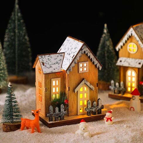 Kigley 3 Pack Christmas Village House Decor Wood Rustic Decor with Light Xmas Lantern Decor for Village Collection Christmas in Saudi Arabia