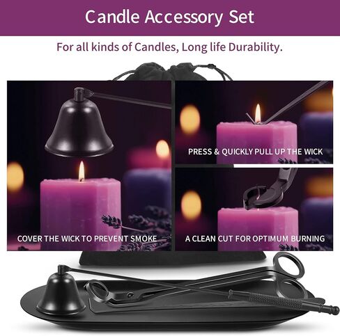 Candle Accessory Set Includes Candle Wick Trimmer, Candle Wick Dipper, Candle Wick Snuffer, Storage Tray Plate, Storage Bag, Gift Package for Candle & Aromatherapy Lovers (Black) in Saudi Arabia
