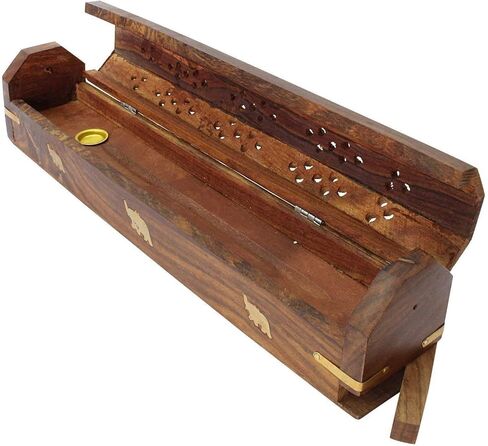 Wooden Coffin Incense Burner Handmade - 12" – Rustic Brown Finish –Elegant Design with Storage Compartment – (Elephant) in Kuwait