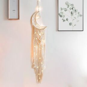Moon Star Dream Catcher Decor,Macrame Woven Dreamcatcher with Light,Bohemian Wall Hanging Decoration,Bedroom,Home Decoration (Black Moon Star)