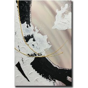 Boieesen Art,24x36Inch 100% Hand-Painted Black White Abstract Wall Art Beige Oil Paitings Minimalist Canvas Artwork Stretched and Framed Ready to Hang for Bedroom Living Room Decoration