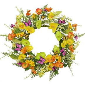 20" Spring Wreath Summer Wreath with white cherry blossoms hydrangea Flowers and wild flowers mixed Green Eucalyptus fern leaves for front door Home Outdoor Decoration
