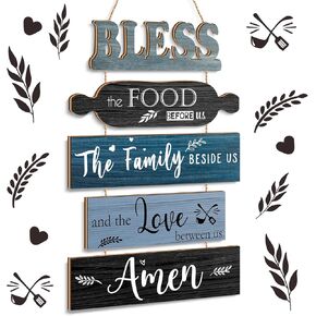 Bless The Food Before Us Sign Farmhouse Kitchen Wall Decor Rustic Dining Room Wall Art Dining Room Decorations Collage Art Wooden Rustic Country Vintage Kitchen Hanging Wood Signs (Blue)