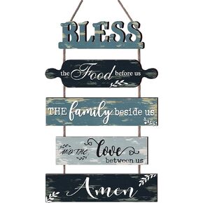 Bless the Food Before Us Farmhouse Kitchen Wall Decor - Dining Room Decorations Collage Art in Teal Blue Color Wooden Rustic 5pcs Roped Sign 13x24 Inches Vertical, grey