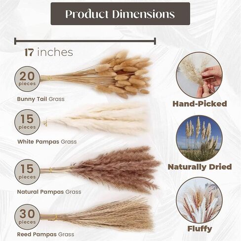 CRMADA 80 Pcs Pampass Grass - 17 Inch Small Pampas with White, Natural Dried Grass, Flowers, Reed & Bunny Tails Stems for Boho Decor, Parties, Weddings Home Decor Soul Concepts, (DPG-01) in Kuwait
