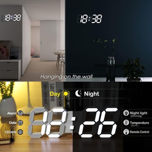KOSUMOSU LED Wall Clock for Bedroom 15" Large Digital Clock for Living Room Decor Modern Desk Clock with Alarm Clock/Remote/Dimmer/Time/Date/Temp(Black Wall Clock) in Saudi Arabia