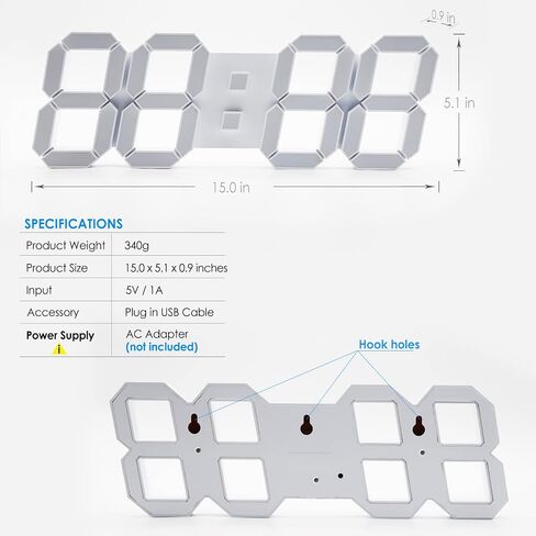 ساعة حائط رقمية LED ثلاثية الأبعاد من KOSUMOSU، 9.7 بوصة، ساعة طاولة/مكتب كبيرة الحجم مع جهاز تحكم عن بعد درجة حرارة 12/24 ساعة (ضوء أبيض) in Kuwait