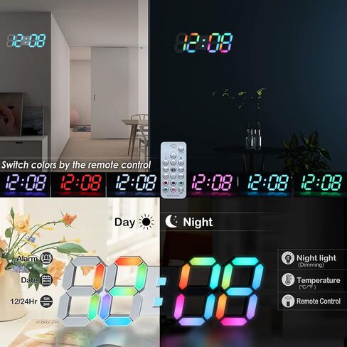 ساعة حائط رقمية LED ثلاثية الأبعاد من KOSUMOSU، 9.7 بوصة، ساعة طاولة/مكتب كبيرة الحجم مع جهاز تحكم عن بعد درجة حرارة 12/24 ساعة (ضوء أبيض) in Kuwait