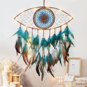 LOMOHOO Evil Eye Dream Catcher with Fairy Lights, Blue Brown Dream Catchers for Bedroom, Evil Eye Wall Hanging for Home Offices Apartment Wall Art Decorations Ornament Craft Gift in Kuwait