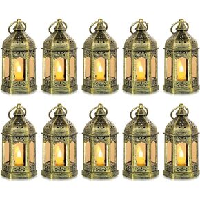 Mini Lantern with Flickering LED Candles Set of 10, Hewory Black Vintage Decorative Hanging Candle Lanterns for Halloween, Christmas, Wedding Decorations, Party, Table Centerpiece, Battery Included