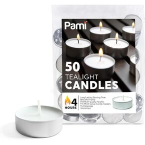 PAMI Premium Long-Lasting with 4 Hours Burning Time Tealight Candles [50-Pack] - Unscented Tea Candles - Paraffin Tealights with Beautiful Flame- Round Candles Perfect for Votive Candle Holders