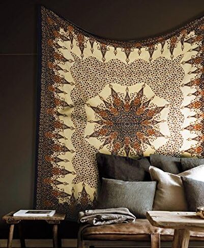 Popular Handicrafts Tapestry Wall Hanging Hippie Mandala Bohemian Hippy Intricate Geometric Floral Design Indian Tapestries Bedspread 84x90 Inches,(215cm x 230cm) Brown Black in Saudi Arabia