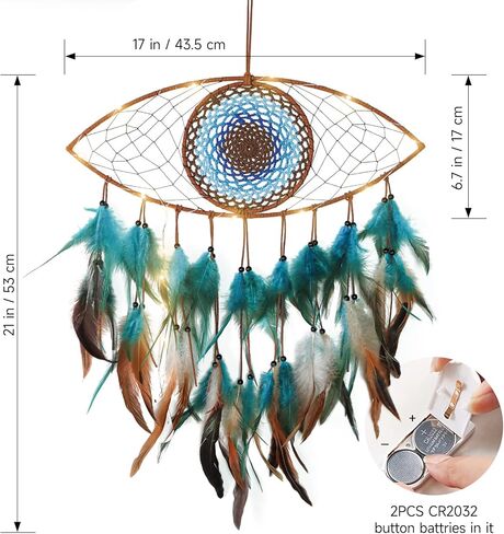 LOMOHOO Evil Eye Dream Catcher with Fairy Lights, Blue Brown Dream Catchers for Bedroom, Evil Eye Wall Hanging for Home Offices Apartment Wall Art Decorations Ornament Craft Gift in Kuwait