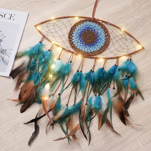 LOMOHOO Evil Eye Dream Catcher with Fairy Lights, Blue Brown Dream Catchers for Bedroom, Evil Eye Wall Hanging for Home Offices Apartment Wall Art Decorations Ornament Craft Gift in Kuwait