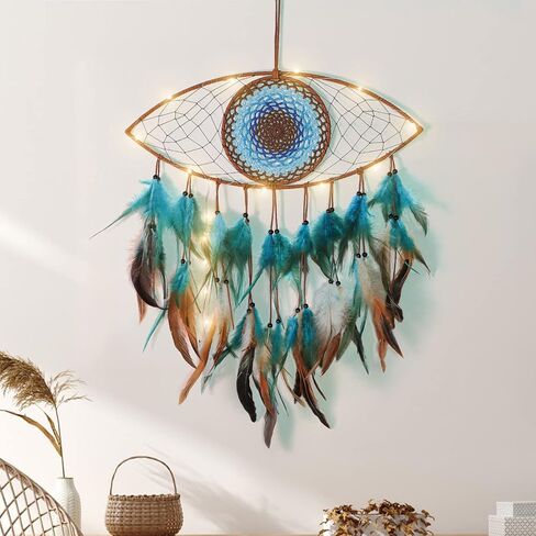 LOMOHOO Evil Eye Dream Catcher with Fairy Lights, Blue Brown Dream Catchers for Bedroom, Evil Eye Wall Hanging for Home Offices Apartment Wall Art Decorations Ornament Craft Gift in Kuwait