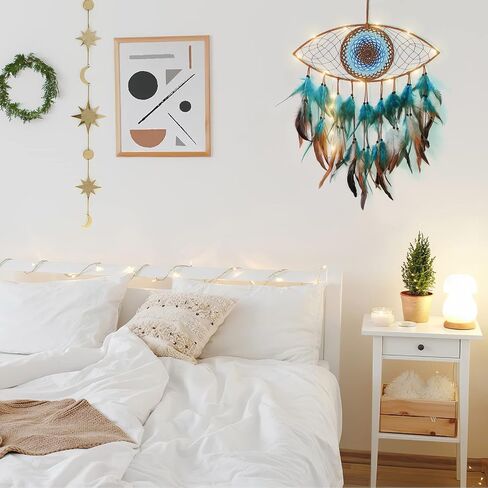 LOMOHOO Evil Eye Dream Catcher with Fairy Lights, Blue Brown Dream Catchers for Bedroom, Evil Eye Wall Hanging for Home Offices Apartment Wall Art Decorations Ornament Craft Gift in Kuwait