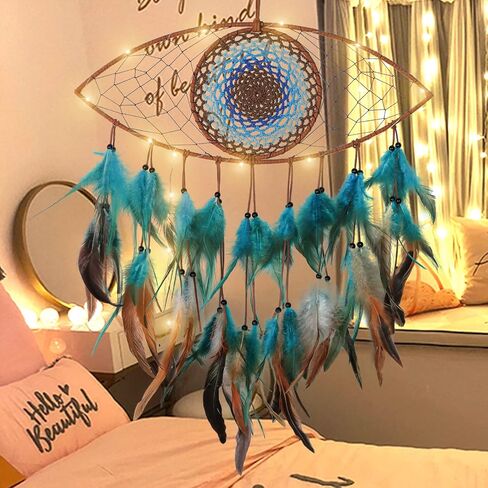 LOMOHOO Evil Eye Dream Catcher with Fairy Lights, Blue Brown Dream Catchers for Bedroom, Evil Eye Wall Hanging for Home Offices Apartment Wall Art Decorations Ornament Craft Gift in Kuwait
