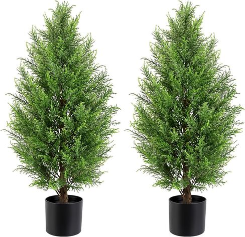 36 بوصة شجرة أرز اصطناعية توبياري 2 حزمة، اثنان 3FT SevenLOVE بوعاء شجرة أرز توبياري شجيرة نبات اصطناعية للشرفة الأمامية ديكور مكتب المنزل in Kuwait