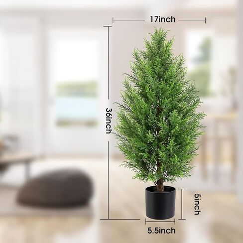 36 بوصة شجرة أرز اصطناعية توبياري 2 حزمة، اثنان 3FT SevenLOVE بوعاء شجرة أرز توبياري شجيرة نبات اصطناعية للشرفة الأمامية ديكور مكتب المنزل in Kuwait