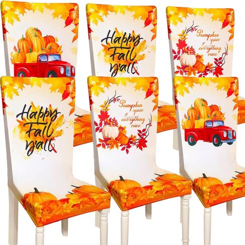 Jecery Fall Chair Covers Set of 6 Thanksgiving Dining Protector Autumn Pumpkin Truck Maple Leaves Pattern Slipcovers Removable Washable for Halloween Kitchen Hotel Party Wedding, one size in Saudi Arabia