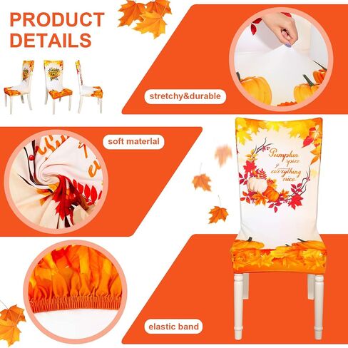 Jecery Fall Chair Covers Set of 6 Thanksgiving Dining Protector Autumn Pumpkin Truck Maple Leaves Pattern Slipcovers Removable Washable for Halloween Kitchen Hotel Party Wedding, one size in Saudi Arabia