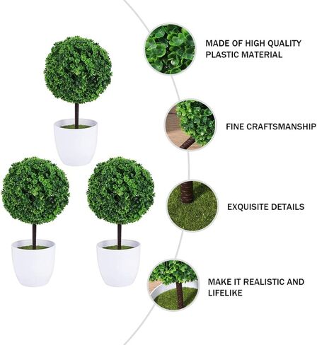 جارنيك نباتات اصطناعية محفوظة بوعاء، 3 قطع من نباتات بوعاء صغيرة من خشب البقس الأخضر توبياري كرة العشب الأخضر في الاصيص، نباتات منزلية صغيرة للاستخدام الداخلي والمكتب وسطح الطاولة ديكور مركزي in Kuwait