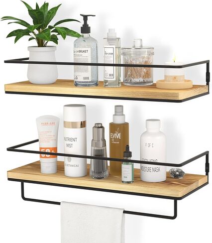 ZGO Floating Shelves for Wall Set of 2, Wall Mounted Storage Shelves with Black Metal Frame and Towel Rack for Bathroom, Bedroom, Living Room, Kitchen, Office (Black) in Kuwait