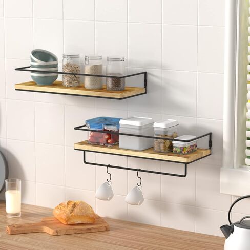 ZGO Floating Shelves for Wall Set of 2, Wall Mounted Storage Shelves with Black Metal Frame and Towel Rack for Bathroom, Bedroom, Living Room, Kitchen, Office (Black) in Kuwait