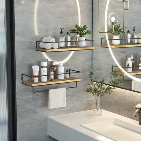 ZGO Floating Shelves for Wall Set of 2, Wall Mounted Storage Shelves with Black Metal Frame and Towel Rack for Bathroom, Bedroom, Living Room, Kitchen, Office (Black) in Kuwait