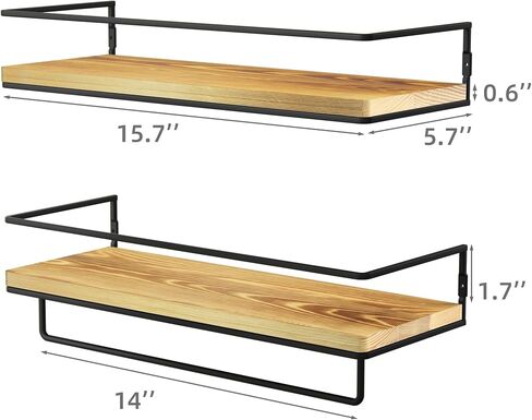 ZGO Floating Shelves for Wall Set of 2, Wall Mounted Storage Shelves with Black Metal Frame and Towel Rack for Bathroom, Bedroom, Living Room, Kitchen, Office (Black) in Kuwait