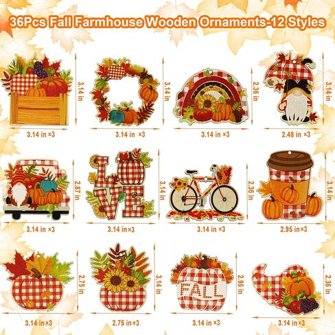 36 قطعة من زخارف شجرة الخريف، زخارف خشبية منقوشة من الجاموس - ديكورات عيد الشكر للخريف - 12 تصميمًا ريفيًا لمزرعة الخريف معلقة الحلي الخشبية لديكور طاولة شجرة عيد الشكر في الخريف in Kuwait