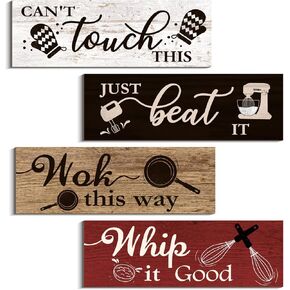 Kitchen Wall Decor, 4 PCS My Kitchen Rules Wall Art, Farmhouse Wall Decor Rustic Wooden Signs Hanging Wall Signs (Retro Style-C, 4 x 11.8 inch)