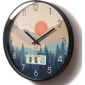 Silent Wall Clock with Day Week Temperature Wilderness with Sunset Non-ticking Battery Operated Large Digital Modern Clocks Display with Calendar and Date for Kitchen Farmhouse Bathroom Office 12 Inch