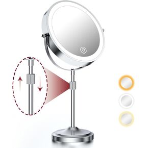 9" Lighted Makeup Mirror with Lights and Magnification 10X/1X 360° Swivel Double Sided 5000mAh Rechargeable Battery, 3 Color Dimmable Height Adjustable Vanity Mirror Black