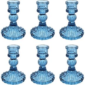 Glass Candlestick Holders Set of 6, Blue Crystal Taper Candle Holders for Table Centerpiece, Home Decorations, Valentine Day, Wedding and Party