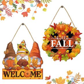Thyle 2 Pcs Fall Welcome Door Sign 13.78 x 13.4 Inch Pumpkin Gnome Wooden Door Sign Autumn Thanksgiving Door Hanger Farmhouse Hanging Front Door Decor Fall Wreath for Porch Home Outdoor Harvest in Kuwait