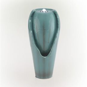 Alpine Corporation 12" Tall Indoor Ceramic Jar Tabletop Fountain with LED Lights, Turquoise
