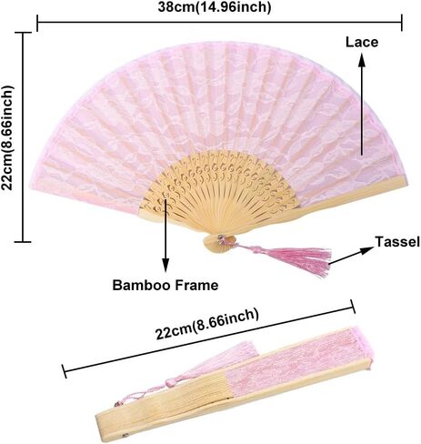 Japanese Chinese Bamboo Folding Bridal Hand Fan, Black Lace Fans for Women, Handmade Vintage Retro Fan Foldable Handheld for Wedding Tea Party Dancing Decorations-Black Lace in Kuwait