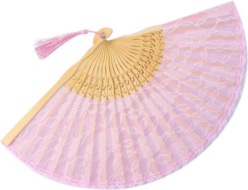 Japanese Chinese Bamboo Folding Bridal Hand Fan, Black Lace Fans for Women, Handmade Vintage Retro Fan Foldable Handheld for Wedding Tea Party Dancing Decorations-Black Lace in Kuwait