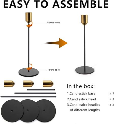 حامل شموع بتصميم عصري باللون الأسود غير اللامع من تانغباي، مجموعة من 3 قطع، حامل شموع معدني طويل القاع، حامل شموع مزخرف للشموع المثببة، يناسب الشموع السميكة مقاس 1.9 سم، قطعة مركزية لطاولة الطعام in Kuwait
