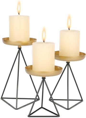 Candle Holders for Pillar Candle - 3Pcs Matte Black&Gold Candlestick Holders Metal Geometric Candle Stands for Wedding Party Festive Decor on Table Mantelpiece Fit for Candles of 2-3 Inches Diameter in Kuwait