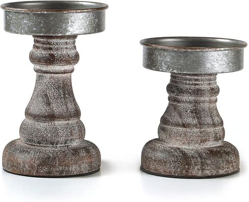 Distressed Wood & Metal Candle Holder, Set of 2 Modern Farmhouse Candlestick Holder, Farmhouse Table Decor, Rustic Decor for Mantel, Dining Table, Coffee Bar Centerpiece in Saudi Arabia