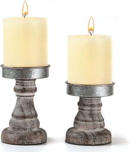 Distressed Wood & Metal Candle Holder, Set of 2 Modern Farmhouse Candlestick Holder, Farmhouse Table Decor, Rustic Decor for Mantel, Dining Table, Coffee Bar Centerpiece in Saudi Arabia