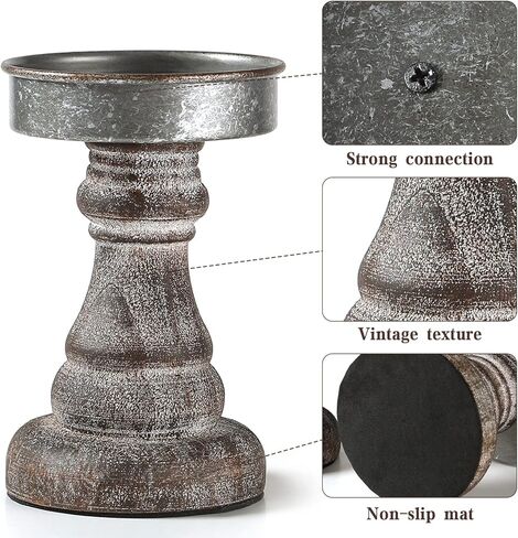 Distressed Wood & Metal Candle Holder, Set of 2 Modern Farmhouse Candlestick Holder, Farmhouse Table Decor, Rustic Decor for Mantel, Dining Table, Coffee Bar Centerpiece in Saudi Arabia