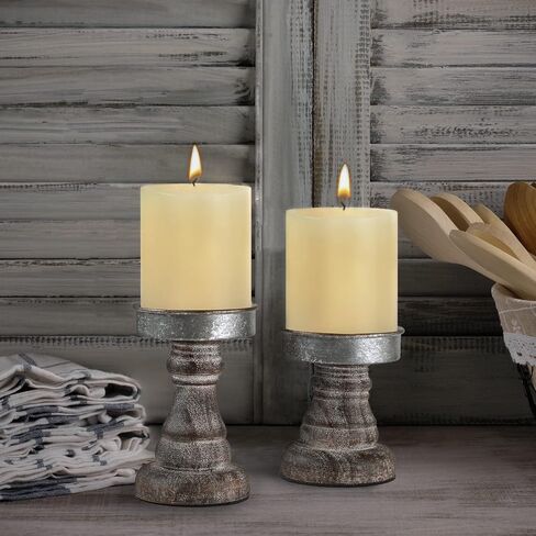 Distressed Wood & Metal Candle Holder, Set of 2 Modern Farmhouse Candlestick Holder, Farmhouse Table Decor, Rustic Decor for Mantel, Dining Table, Coffee Bar Centerpiece in Saudi Arabia