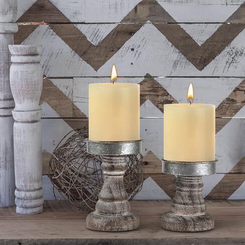 Distressed Wood & Metal Candle Holder, Set of 2 Modern Farmhouse Candlestick Holder, Farmhouse Table Decor, Rustic Decor for Mantel, Dining Table, Coffee Bar Centerpiece in Saudi Arabia
