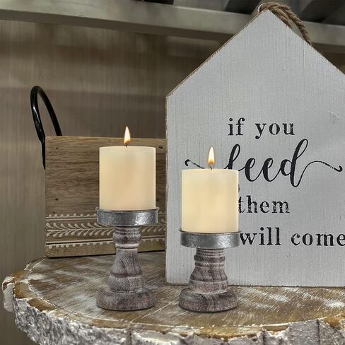 Distressed Wood & Metal Candle Holder, Set of 2 Modern Farmhouse Candlestick Holder, Farmhouse Table Decor, Rustic Decor for Mantel, Dining Table, Coffee Bar Centerpiece in Saudi Arabia