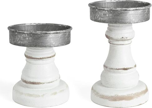 Distressed Wood & Metal Candle Holder, Set of 2 Modern Farmhouse Candlestick Holder, Farmhouse Table Decor, Rustic Decor for Mantel, Dining Table, Coffee Bar Centerpiece in Kuwait