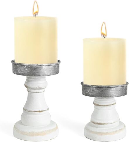 Distressed Wood & Metal Candle Holder, Set of 2 Modern Farmhouse Candlestick Holder, Farmhouse Table Decor, Rustic Decor for Mantel, Dining Table, Coffee Bar Centerpiece in Kuwait